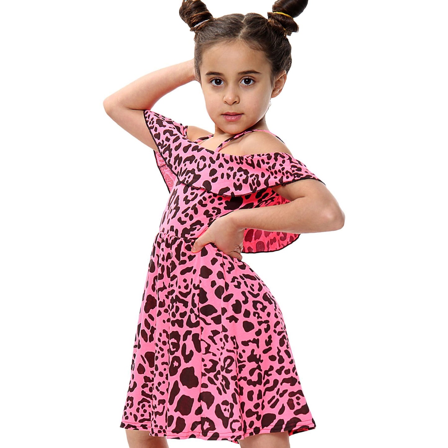 Kids Girls Skater Dress Leopard Print Summer Party Off Shoulder Dress 5-13 Years