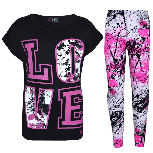 A2Z 4 Kids Girls Love Print Top Short Sleeve T-Shirt & Splash Print Fashion Leggings Set Age 5-13 years