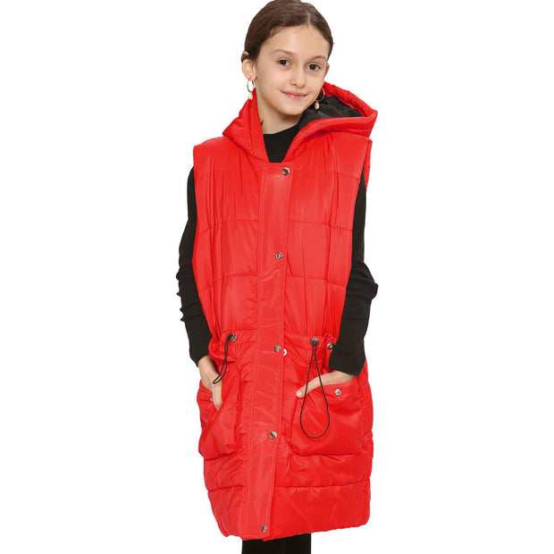 A2Z Kids Girls Down Vest Fashion Oversized Red Hooded Quilted Gilet Padded Long Line Vest Jacket Long Sleeveless Coat Urban Winter Wear Age 7-13 Years