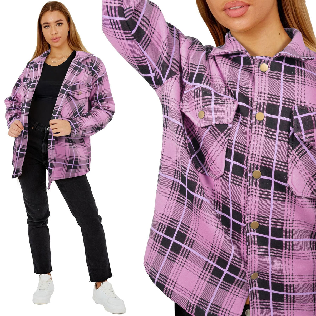 Ladies Shacket Checked Button Down Shirt Jacket Top Oversize Coat For Women