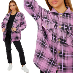 Ladies Shacket Checked Button Down Shirt Jacket Top Oversize Coat For Women