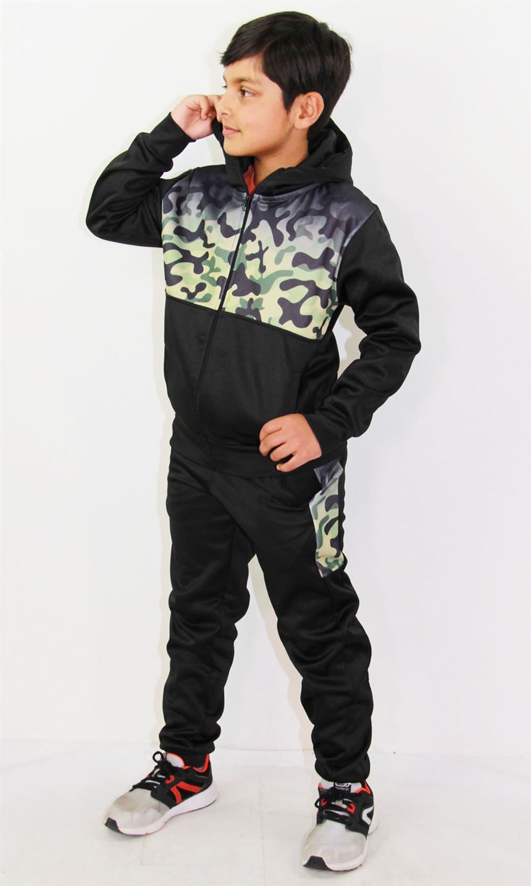 Kids Boys Girls Tracksuit Camouflage Panelled Hooded Top & Bottom Jogging Suits