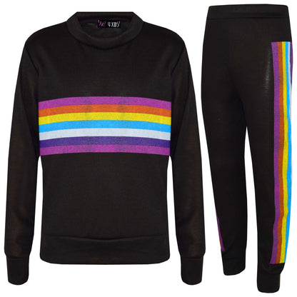 Kids Girls Lounge Suit Rainbow Striped Top Bottom Lounge Wear Tracksuit 7-13 Yr