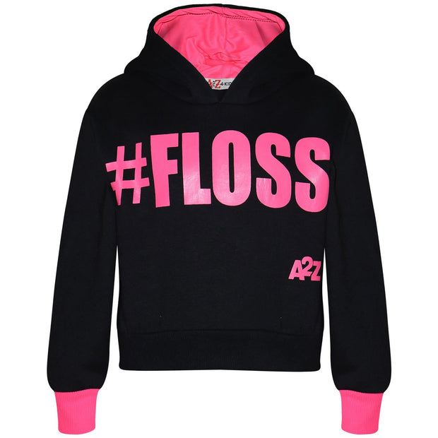 A2Z 4 Kids Girls Tracksuit Designer's #Floss Print Fleece Black & Neon Pink Hooded Crop Top Bottom Jogging Suit Joggers Age 5 6 7 8 9 10 11 12 13 Years