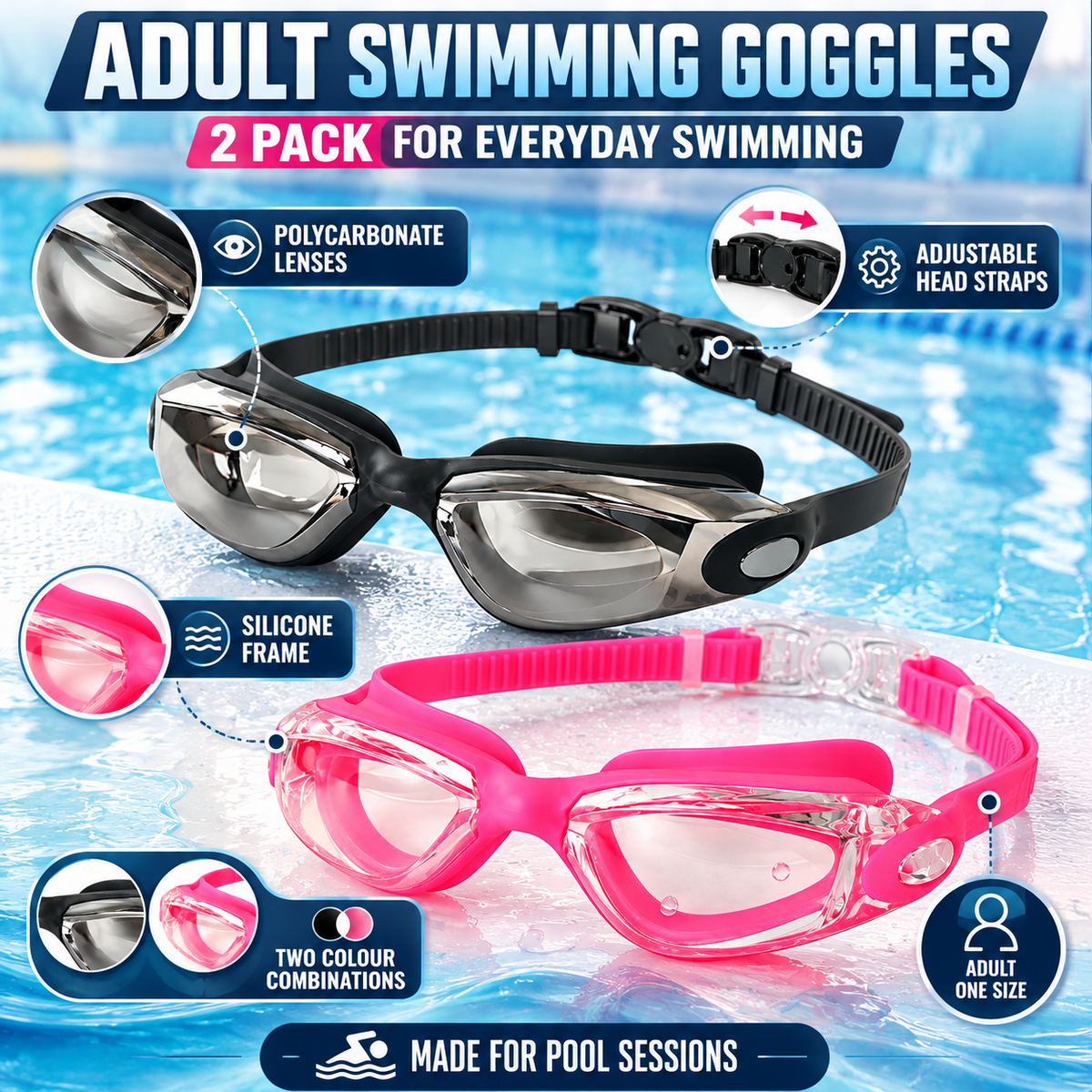 A2Z Adult Swimming Goggles 2 Pack Adjustable Strap Silicone Frame Pool Eyewear