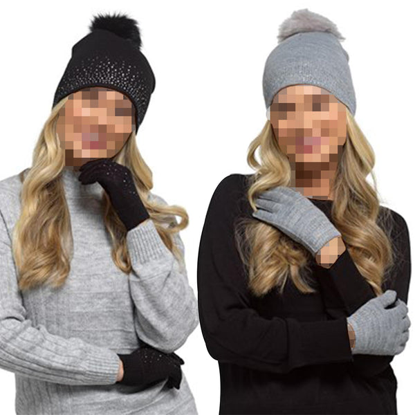 A2Z Ladies Hat Gloves Knit Beanie Pom Pom Winter Warm Soft Cozy Hats Gloves Set
