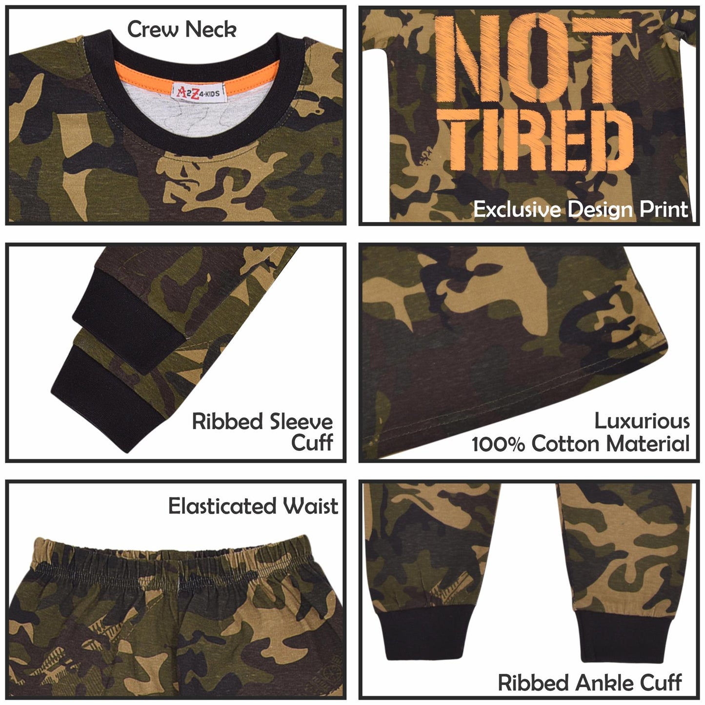 Kids Unisex Camo Green Print Pyjamas Children PJs Loungewear Age 2-13