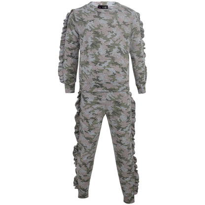 Kids Jogging Suit Girls Plain Frill Sleeve Lounge Suit Tracksuit Top Bottom 2-13