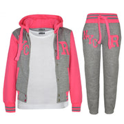 A2Z 4 Kids Girls Boys Grey & Neon Pink Baseball Tracksuit NYC Jacket & Trouser Sports Hoodie Bottom Joggers Age 2 3 4 5 6 7 8 9 10 11 12 13 Years