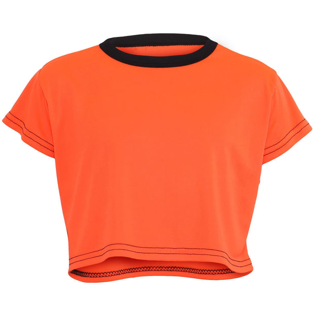 A2Z 4 Kids Black and Neon Orange Crop Top and Shorts Set Contrast Colour Short Sleeves T Shirt Summer Outfit 2 Piece Activewear Girls Boys Age 5-13 years