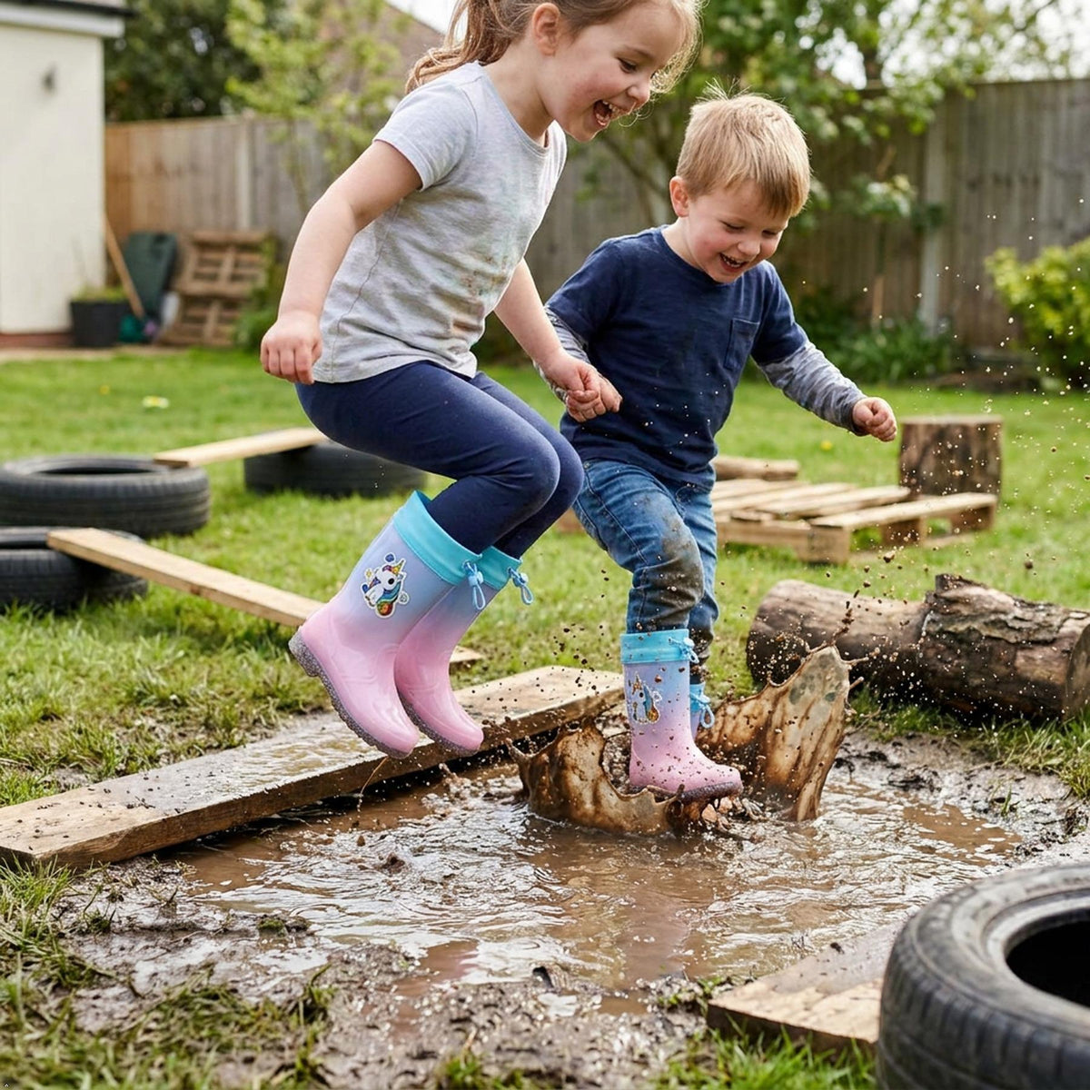 Kids Waterproof Wellington  PVC Rain Wellies Adjustable Warm Lined Non Slip Sole