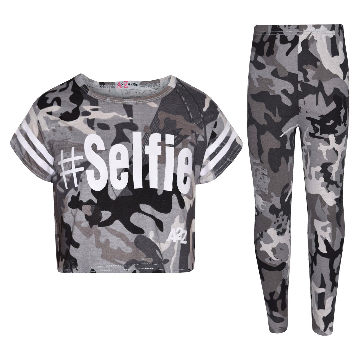 Girls Tops Kids Designer's #Selfie Camouflage Print Crop Top Legging Set 5-13 Yr