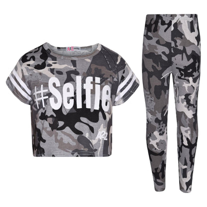Girls Tops Kids Designer's #Selfie Camouflage Print Crop Top Legging Set 5-13 Yr