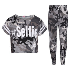 Girls Tops Kids Designer's #Selfie Camouflage Print Crop Top Legging Set 5-13 Yr