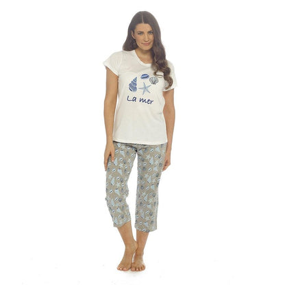 Ladies Cotton Pyjama Set with 3/4 Length Bottoms Short Sleeve T-Shirt Summer Set