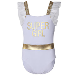 Kids Girls One Piece Swimsuit Gold Trim Super Girl Beach Surfing Swimwear 2-14