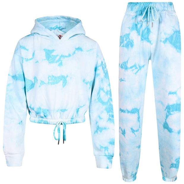 Kids Tie Dye Tracksuit Gym Cropped Hoodie Sweatpants Cord Set Girls Age 5-13