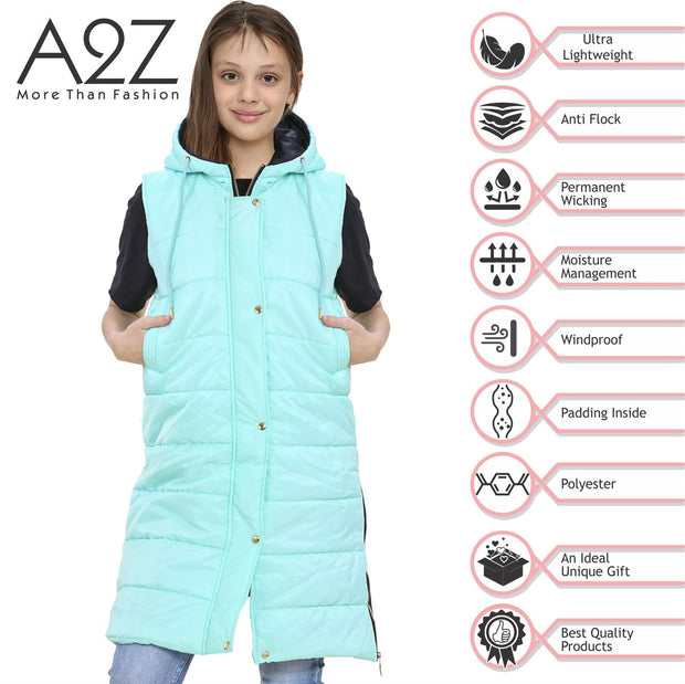 A2Z Kids Girls Fashion Oversized Hooded Quilted Gilet Mint Color Padded Long Line Vest Jacket Long Sleeveless Coat Urban Winter Wear Coat 7-13 Years