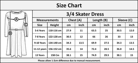 Girls Skater Dress Kids Party Fashion Dresses With Free Belt 3/4 Sleeves 7-13 Yr