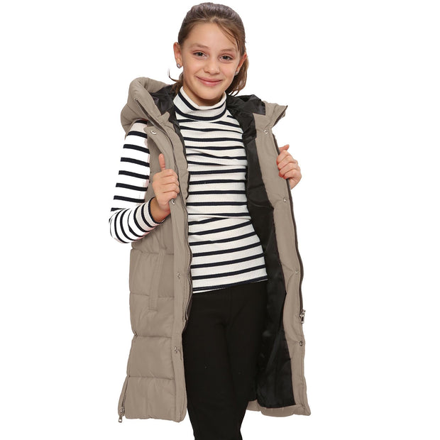 A2Z Kids Girls Down Vest Oversized Stone Hooded Quilted Gilet Padded Long Line Vest Jacket Long Sleeveless Coat Urban Winter Wear 7-13