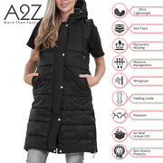 A2Z Ladies Adults Sleeveless Gilet Oversized Black Hooded Quilted Gilet Padded Long Line Vest Jacket Sleeveless Coat Urban Winter Wear