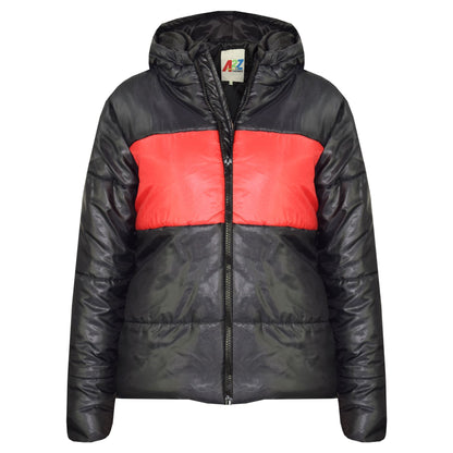 Kids Girls Boys Contrast Panel Jackets Hooded Padded Quilted Warm Coats 5-13 Yr