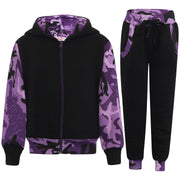 A2Z 4 Kids Girls Plain And Camo Purple Print Fleece Tracksuit Contrast Hoodie With Joggers Jogging Suit Sweatpants Gymwear Activewear Set Childrens Age 2 3 4 5 6 7 8 9 10 11 12 13 Years