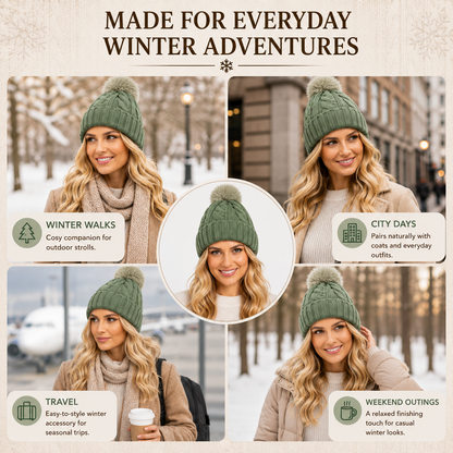A2Z Ladies Hats Cable Chunky Bobble Knit Pom Pom Winter Warm Cozy Women Caps