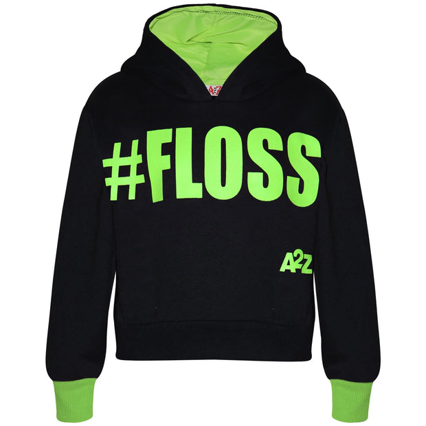 A2Z 4 Kids Girls Tracksuit Designer's #Floss Print Fleece Black & Neon Green Hooded Crop Top Bottom Jogging Suit Joggers Age 5 6 7 8 9 10 11 12 13 Years