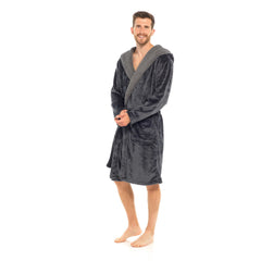 Mens Flannel Fleece Hooded Dressing Gown Sherpa Lined Robe with Belt & Pockets