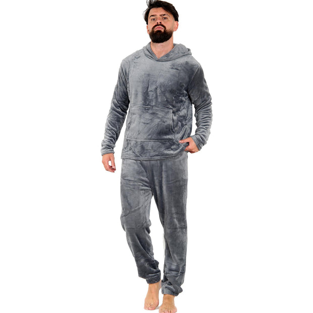 Mens Pyjamas Soft Warm Fleece Adults Hooded Pyjamas 2 Piece Gift Set For Mens