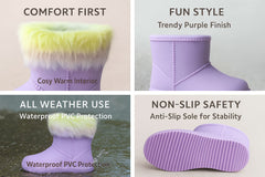 A2Z 4 Kids Girls Warm Rain Boots Lilac Rainbow Faux Fur Lined Waterproof Wellies