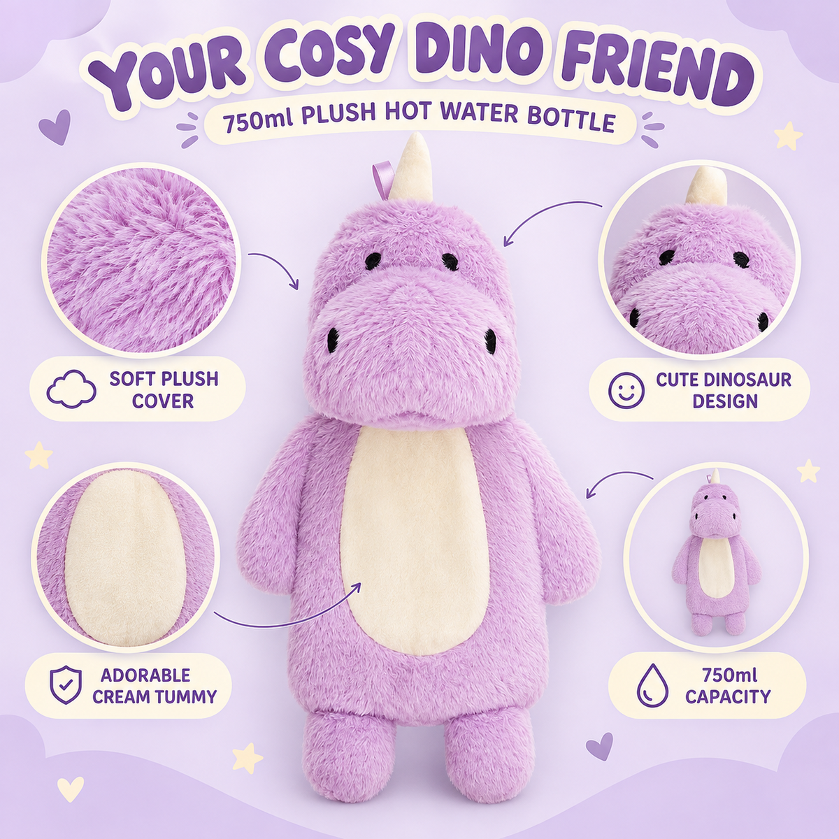 A2Z 4 Kids Purple Dinosaur Plush Hot Water Bottle 750ml Novelty Cosy Warmer