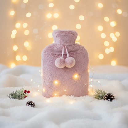 A2Z Hot Water Bottles Soft Husky Plush Pom Pom 2 Liter Fleece Cover Heat Therapy