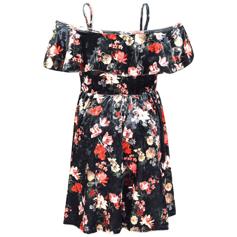 Kids Girls Skater Dress Floral Black Style Off Shoulder Dresses Age 7-13 Years