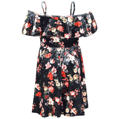 Kids Girls Skater Dress Floral Black Style Off Shoulder Dresses Age 7-13 Years