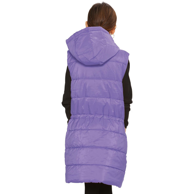 A2Z Kids Girls Down Vest Fashion Oversized Lilac Hooded Quilted Gilet Padded Long Line Vest Jacket Long Sleeveless Coat Urban Winter Wear Age 7-13 Years