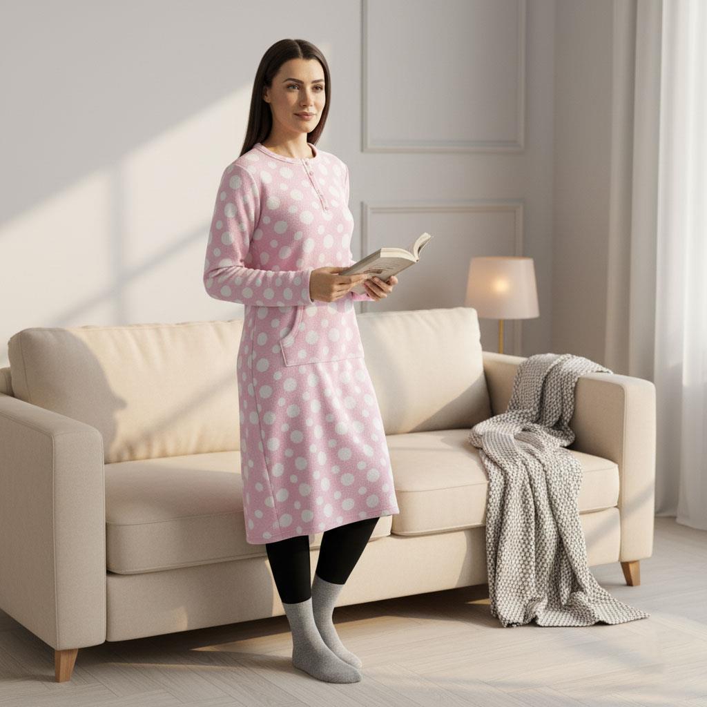 Ladies Fleece Nightie Long Sleeve Dress with Pockets Sizes 10-24