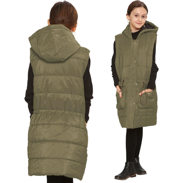 A2Z Kids Girls Down Vest Fashion Oversized Khaki Hooded Quilted Gilet Padded Long Line Vest Jacket Long Sleeveless Coat Urban Winter Wear Age 7-13 Years