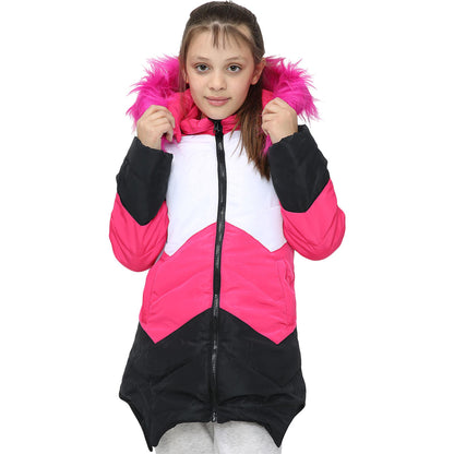 Kids Hooded Contrast Panel Puffer Coat Faux Fur Jacket For Girls 2-13yrs