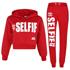 Kids Girls #Selfie Printed Hooded Crop Top & Bottom Jogging Suit