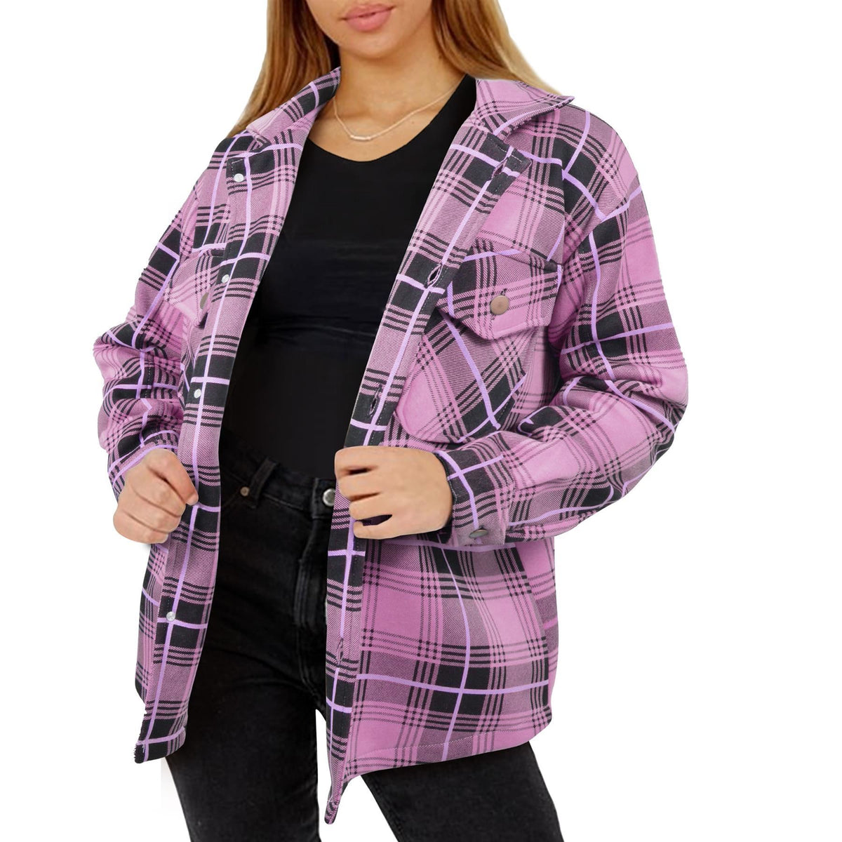 Ladies Shacket Checked Button Down Shirt Jacket Top Oversize Coat For Women