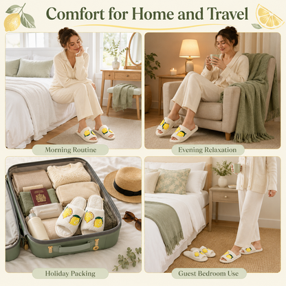 A2Z Ladies Cream Lemon Print Plush Open Toe Slippers Soft Indoor Shoes