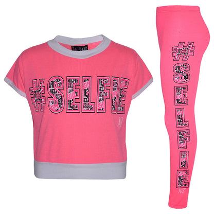 Girls Top Kids #Selfie Print Designer T Shirt & Graffiti Legging Set 7-13 Years