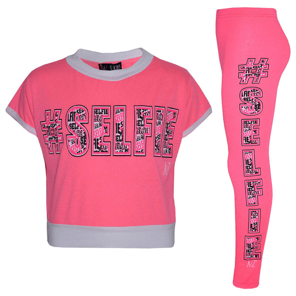 Girls Top Kids #Selfie Print Designer T Shirt & Graffiti Legging Set 7-13 Years