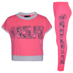 Girls Top Kids #Selfie Print Designer T Shirt & Graffiti Legging Set 7-13 Years