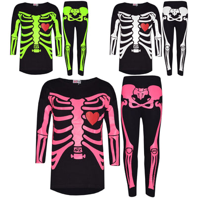 Kids Girls Tops Skeleton Print T Shirt Top & Legging Set Halloween Costume 5-13 - A2Z 4 Kids