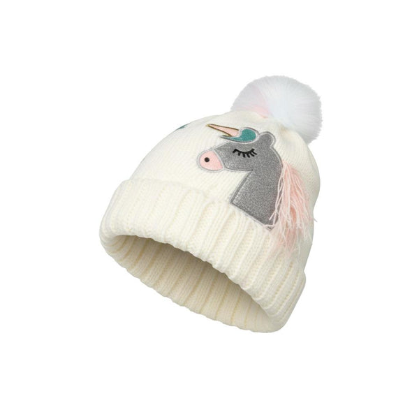 Kids Girls Cable Knit Hat Unicorn Embroided Bobble Baenie Pom Pom Soft Cosy Hat