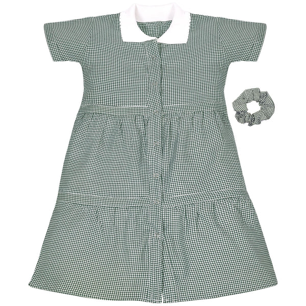 Kids Girls Gingham School Dress Check Button Up Tiered Dresses With Scrunchies