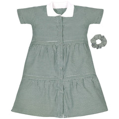 Kids Girls Gingham School Dress Check Button Up Tiered Dresses With Scrunchies